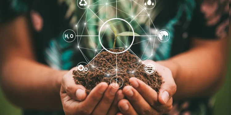 Hands holding soil with a young plant, surrounded by sustainability icons